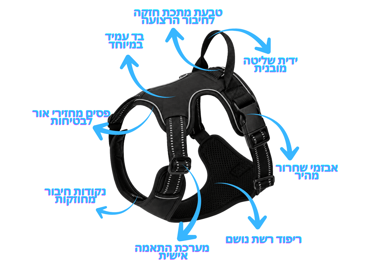 רתמת גוף מתכווננת לכלבים – מונעת לחץ על הצוואר ומספקת שליטה טובה יותר